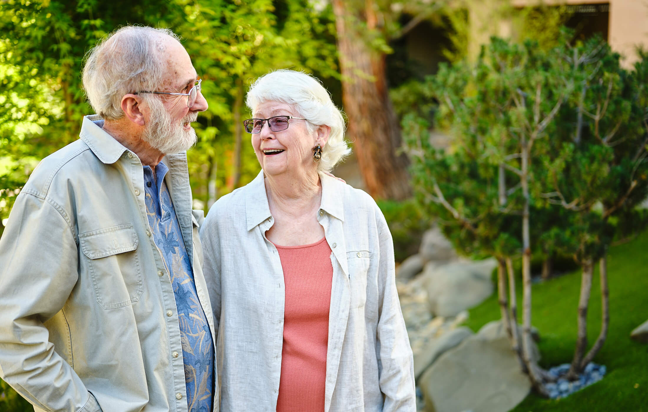 couple walking and smiling