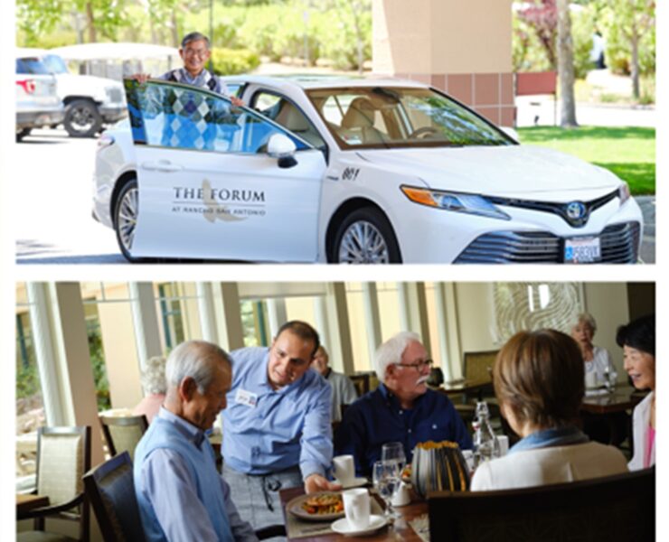 Two stacked photos. First photo of a senior getting into a branded car, the second image of people being served their plated meals at the community dining room