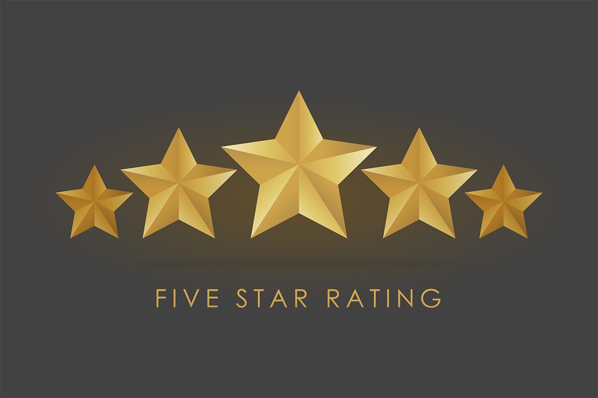 A logo with 5 stars and the text Five Star Rating underneath